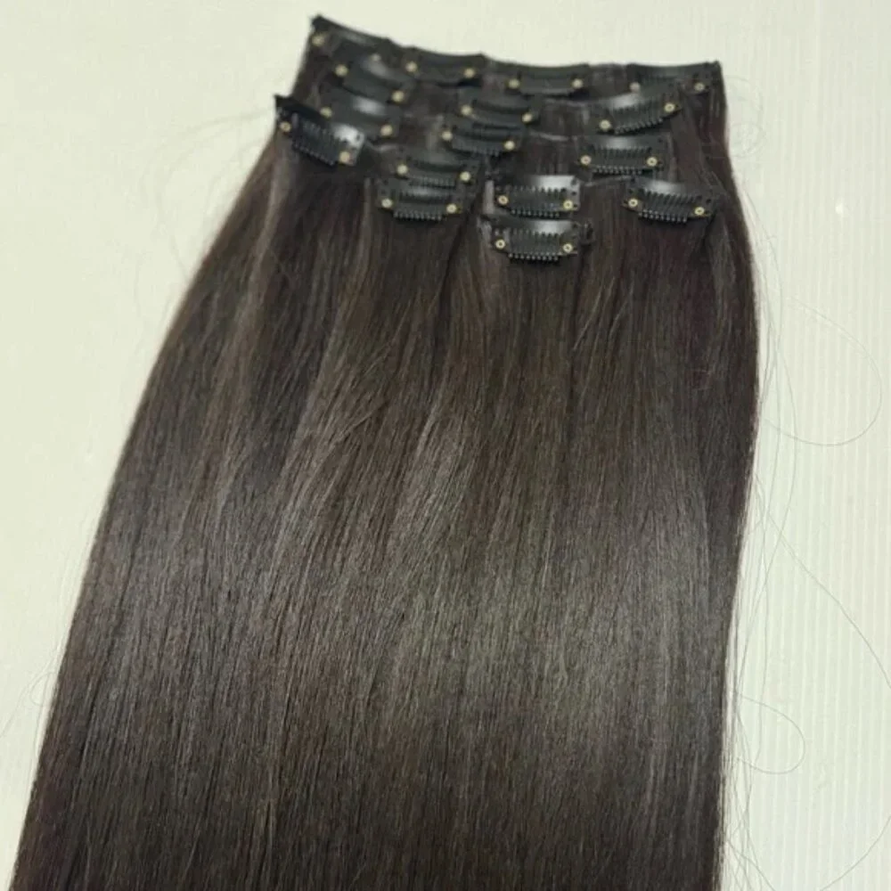 Human Hair Blend Clip-In Extensions | Long Straight Silky Hair | Dark Brown #3